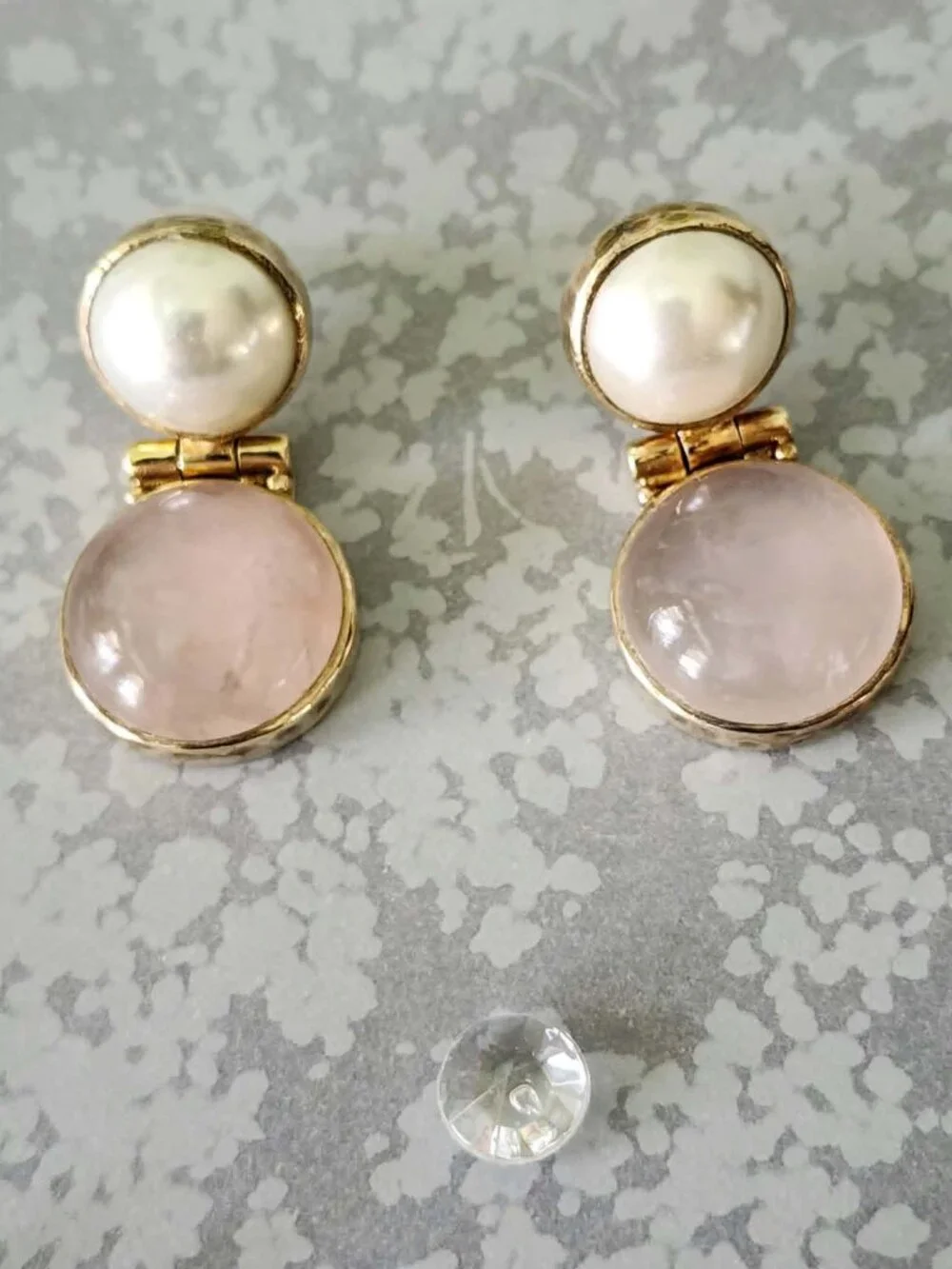 Vintage 80s 90s Julie Signed Gold-Plated Door Knocker Earrings Rose Quartz Pearl